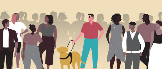 Blind with guide dog against group of people or crowd, flat vector stock illustration with problem of social isolation
