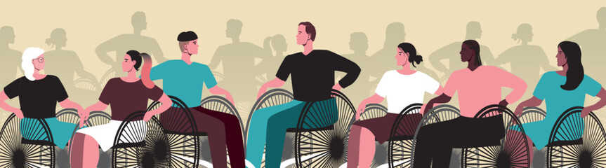 Crowd of inclusive people in wheelchair, flat vector stock illustration as disability community