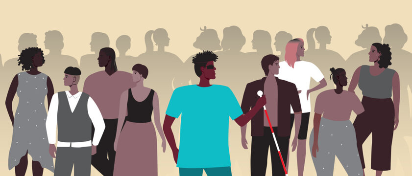 Blind African Disabled Person With Cane Against Group Of People Or Crowds, Flat Vector Stock Illusion With Problem Of Social Exclusion