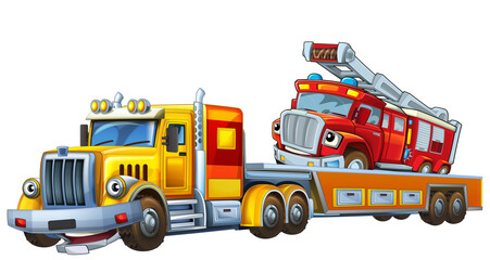 cartoon tow truck driving with other car fireman