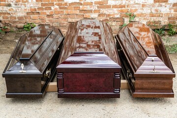 Elite coffins on pallet for transportation. Three types of coffin models made at Elite Grob...