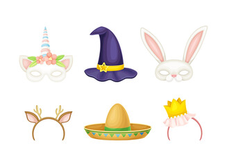 Carnival festival headwear and masks set. Unicorn headband, bunny face mask, witch hat, deer antlers cartoon vector illustration