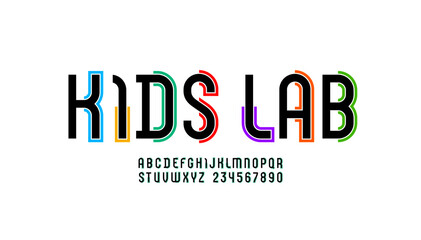 Concept font, kids alphabet, trendy letters and numbers made of outline and pieces, vector illustration 10EPS