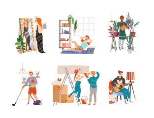 Everyday life routine scenes set. People doing sports, vacuuming floor, gardening, playing guitar, painting wall vector illustration