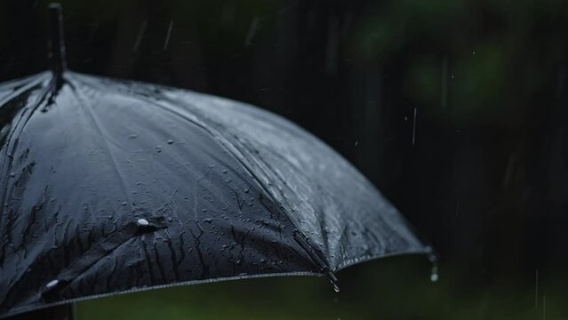 Woman standing with umbrella in the rain,Slow motion