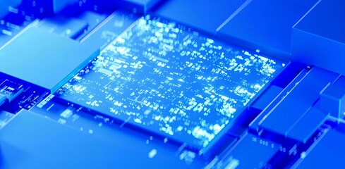 3D rendering of cyberpunk AI. Circuit board. Technology background. Central Computer Processors CPU and GPU concept. Motherboard digital chip. Tech science background.