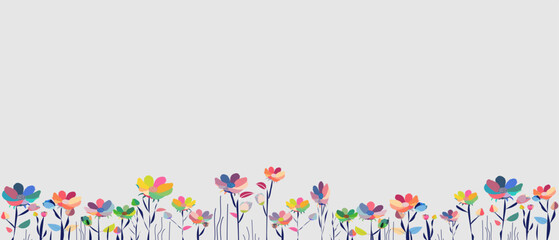 Horizontal white banner or floral backdrop decorated with gorgeous multicolored flowers and leaves spring botanical border flat on white background.
