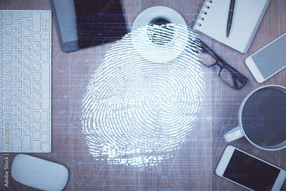 Poster Double exposure of finger print over table with phone. Top view. Concept of mobile security.