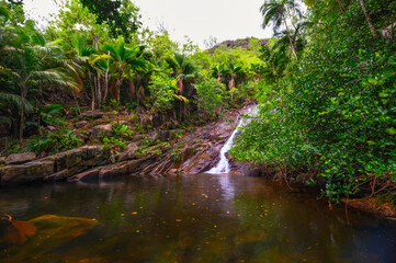 Fototapeta na wymiar Sauzier Waterfall on the island of Mahe, Seychelles