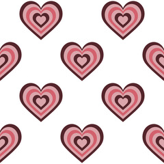 Hearts with brown and pink stripes on a white background. Seamless vector pattern. Illustration for creative modern designs, greeting cards, prints, designer packaging, textiles, packages, fabric.