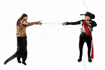 Creative art collage. Two men in vitage costumes and cat legs, musketeer and pirate fighting with...