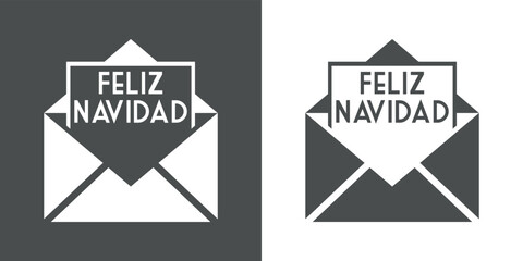 Logo con frase Feliz Navidad en español en carta en sobre de correo en fondo gris y fondo blanco