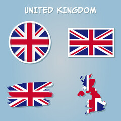 United Kingdom map and flag in blue background.