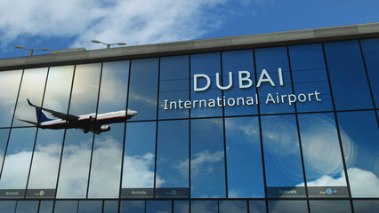 Airplane landing at Dubai United Arab Emirates airport mirrored in terminal