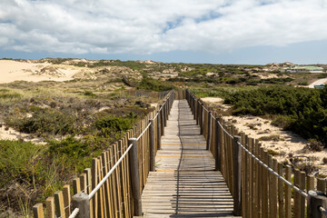 Fototapeta na wymiar Guincho wooden pathway through the sand dunes