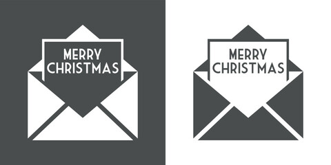 Logo con frase Merry Christmas en carta en sobre de correo en fondo gris y fondo blanco
