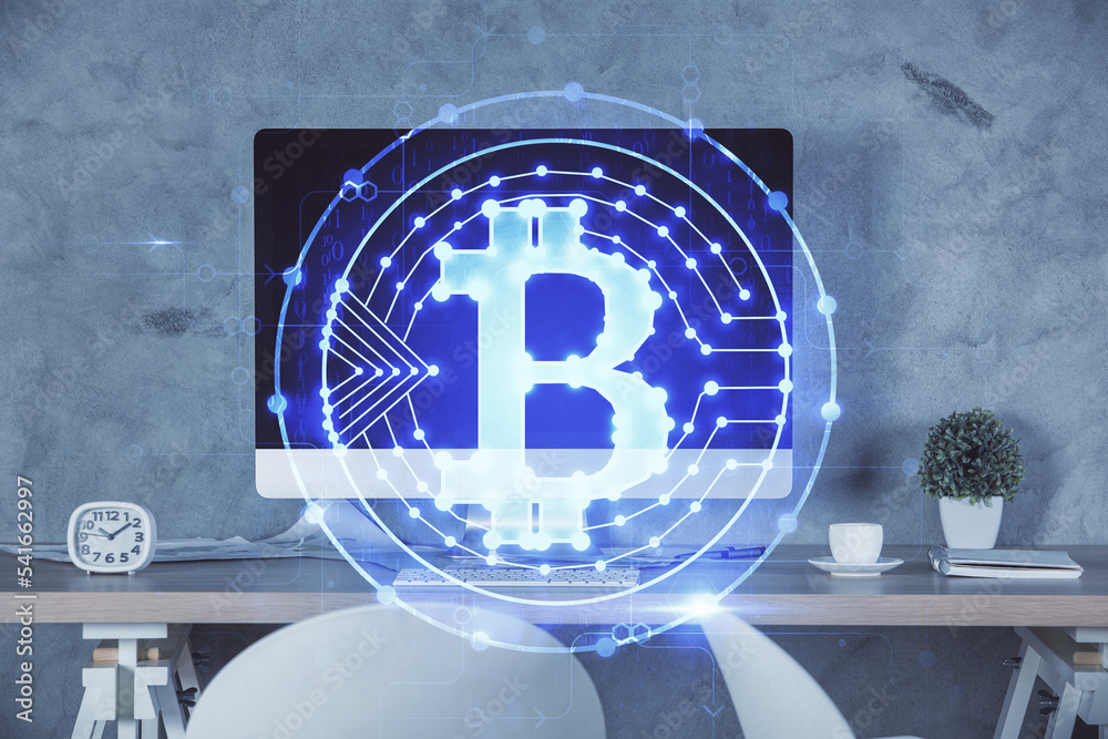 Aufkleber double exposure of crypto technology theme drawing and office interior background. concept of blockc
