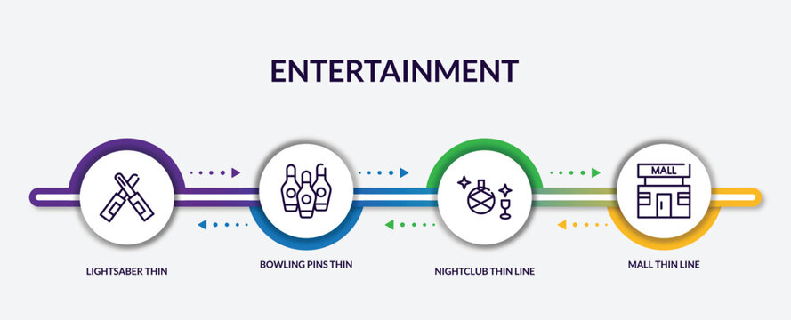 Set Of Entertainment Outline Icons With Infographic Template. Thin Line Icons Such As Lightsaber Thin Line, Bowling Pins Thin Line, Nightclub Mall Vector.