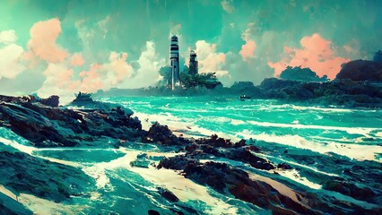 Research station, observatory with rocks in the sea under a cloudy sky