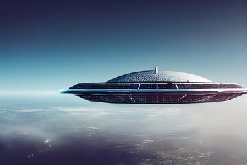 Fototapeta na wymiar UFO, an alien ship hovering motionless in the air. Unidentified flying object, alien invasion, extraterrestrial life, space travel, humanoid spaceship