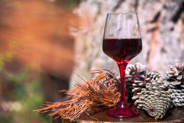 Un verre de vin rouge en automne