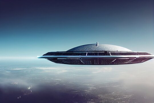 UFO, an alien ship hovering motionless in the air. Unidentified flying object, alien invasion, extraterrestrial life, space travel, humanoid spaceship