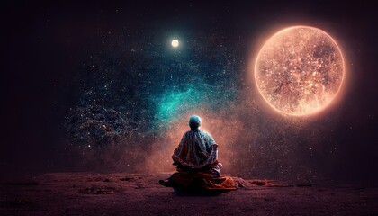Buddhist monk in meditation, moon background