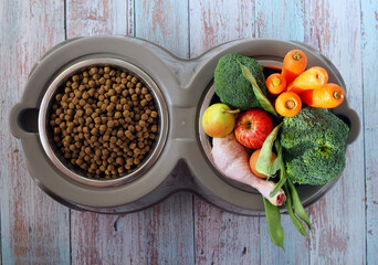 Natural raw food in a bowl as opposite of dry dog feed