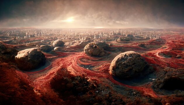 Alien planet landscape, fantasy planet terrain, red eroded desert mountains, science fiction illustration