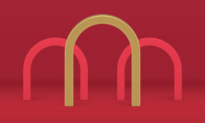Archway curved block red golden studio background product presentation event 3d design vector
