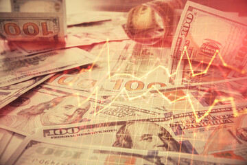Multi exposure of forex chart drawing over us dollars bill background. Concept of financial success markets.