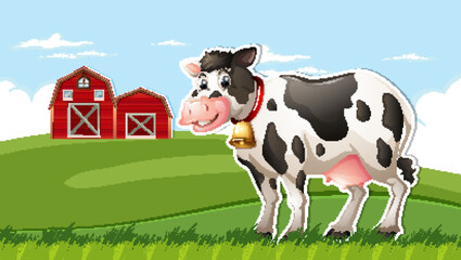 Cow in farm meadow background