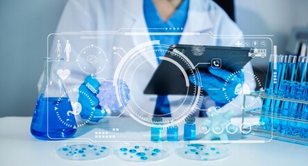Coronavirus COVID 19 medical test vaccine research and development concept. Scientist in laboratory study and analyze scientific sample of Coronavirus