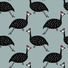 Vector seamless pattern with hand drawn running helmeted guinea fowls made in cartoon style. Ink drawing, graphic illustration, heavy contour. Beautiful design elements, perfect for prints