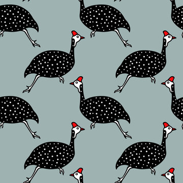 Vector seamless pattern with hand drawn running helmeted guinea fowls made in cartoon style. Ink drawing, graphic illustration, heavy contour. Beautiful design elements, perfect for prints