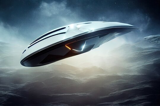 UFO, an alien ship hovering motionless in the air. Unidentified flying object, alien invasion, extraterrestrial life, space travel, humanoid spaceship