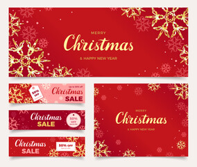 Set of Merry Christmas and Happy New Year vector cards. Christmas sale banners. Promotional discounts.  Festive red background with golden snowflakes. 