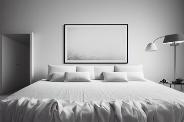 Framed white abstract art on the wall above white bed with white pillows, minimalist modern interior, 3d illustration