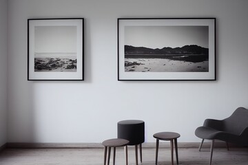 Minimalist modern interior in black and white with framed landscape artwork on the wall, 3d illustration