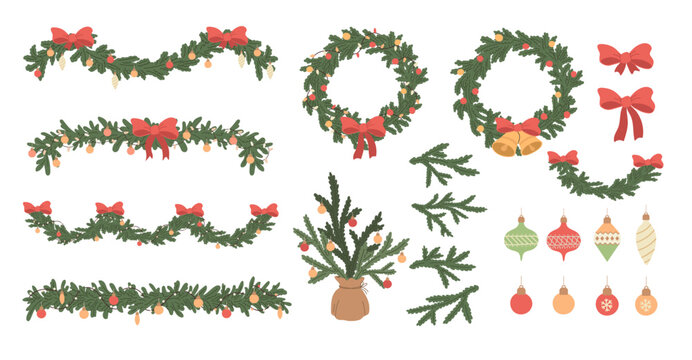 Cartoon set of Christmas garlands, fir tree branches, red bow, light and jingle bells. Holidays decoration on white background. New Year design. Flat vector illustration.