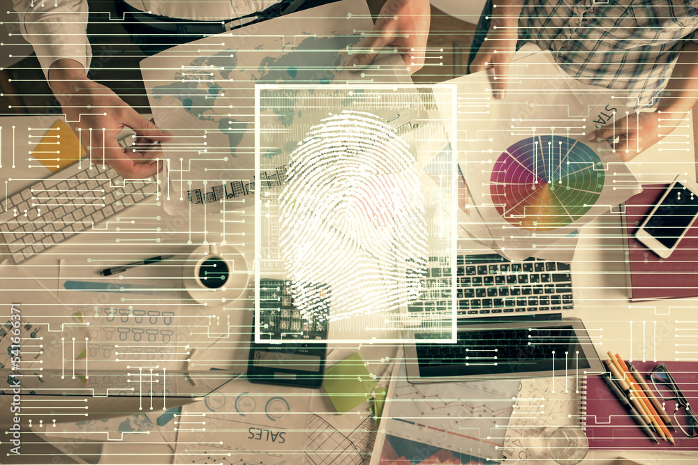 Poster double exposure of man and woman working together and fingerprint drawing. computer background. top 