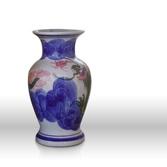beautiful white and blue and red, and green ceramic vase on white background, object, vintage, decor, banner, template, gift, copy space
