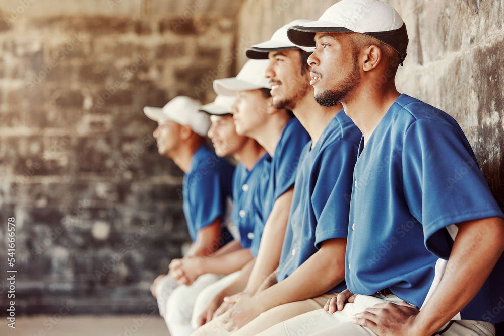 Poster Baseball, sports and fitness with a team in a dugout during a game or match together outdoor during the day. Exercising, training teamwork with a man baseball player group sitting at a sport event