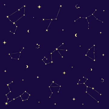 Seamless pattern with stars and constellations. Starry night sky, galaxy background. Vector illustration. © Yulia