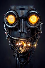 Artificial intelligence driven robot head, cyborg human design, cybernetic evolution of technology