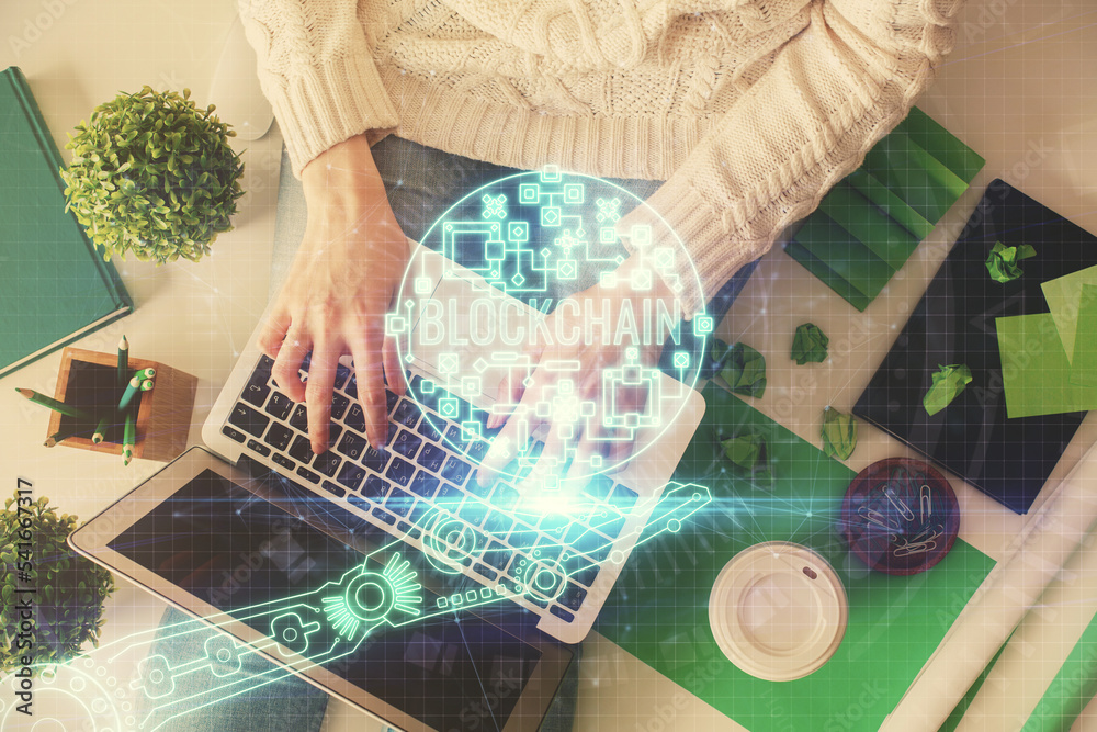 Poster Double exposure of woman hands working on computer and blockchain theme hologram drawing. Top View. bitcoin cryptocurrency concept.