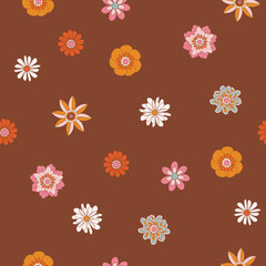 Retro 1970 Groovy Flowers,Seamless Pattern Hand-Drawn Vector Illustration. Seventies Style, Groovy Peace