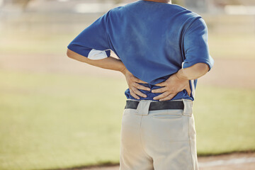 Sports, baseball injury and man with back pain, emergency or muscle strain during game, competition...