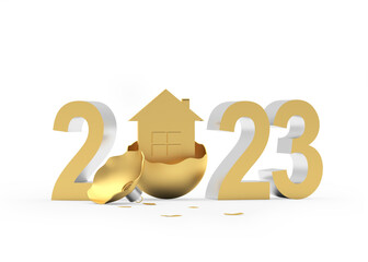 Golden number 2023 with a house in a broken christmas ball. 3D illustration