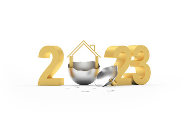 House icon in silver broken christmas ball with golden number 2023. 3d illustration